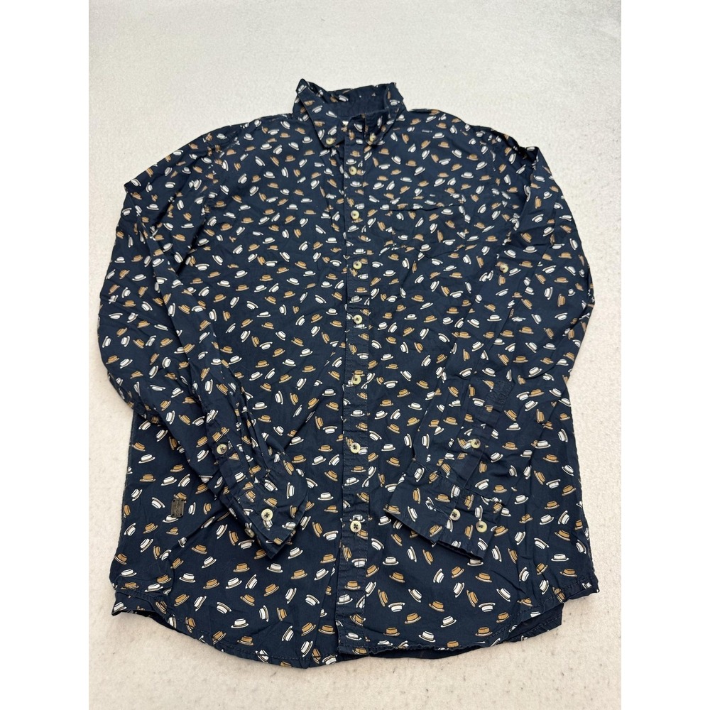 Triple Five Soul Shirt Mens Medium Blue Hat Print Long Sleeve Button Up Casual